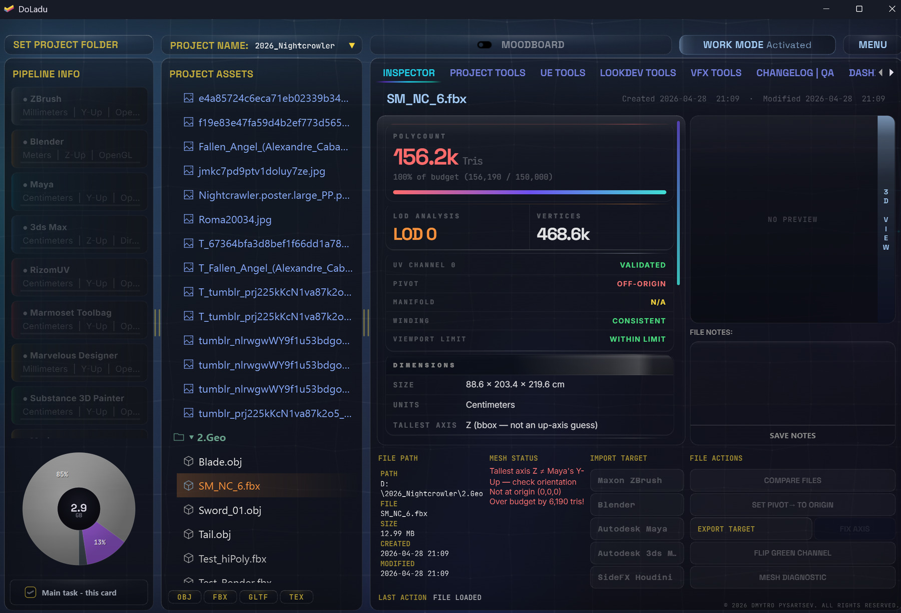DoLadu findings: mesh over budget with pivot off origin, and the fix buttons beside them